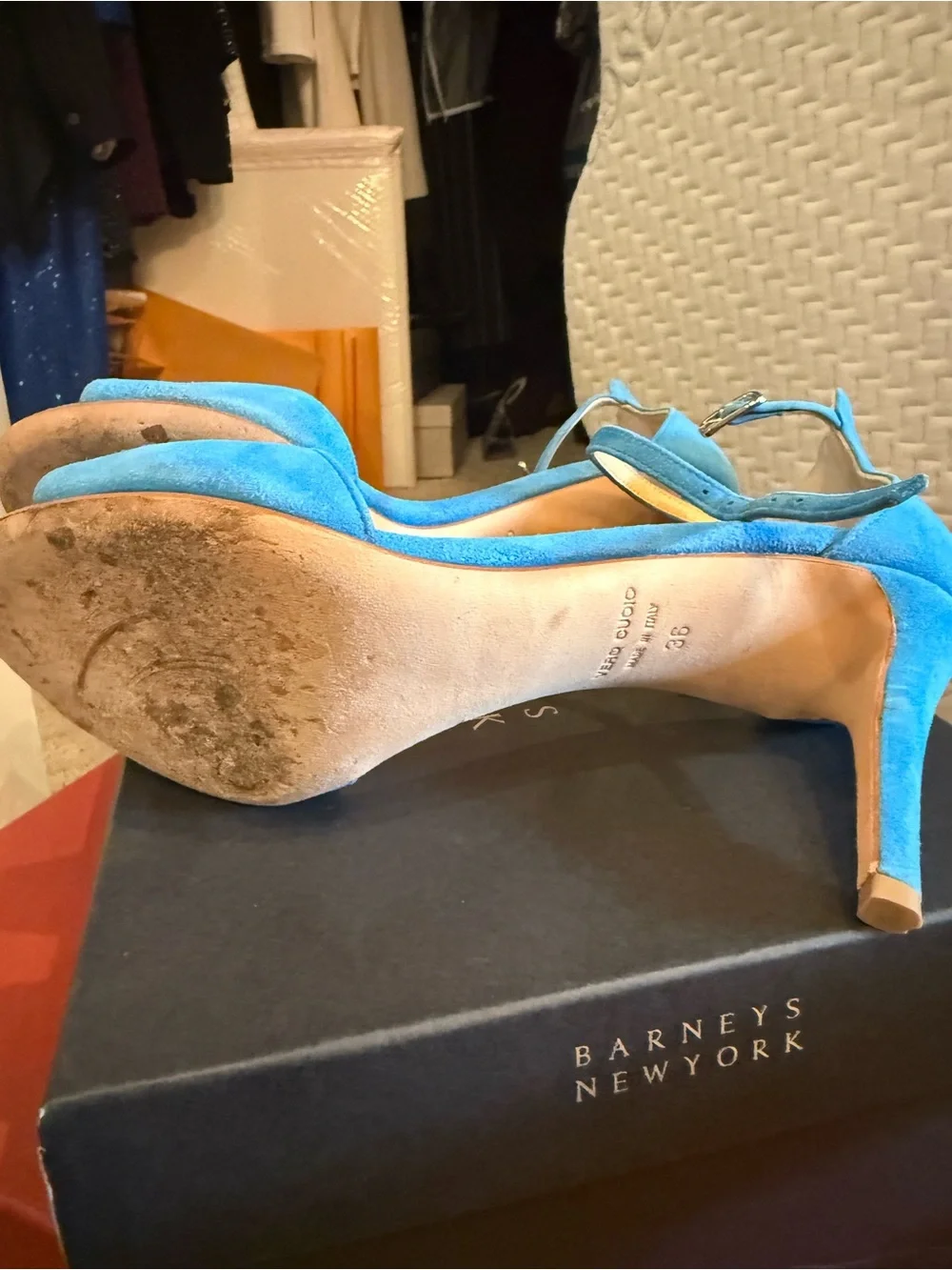 Barneys New York Bright Blue Suede Open-Toe Ankle Strap Heels